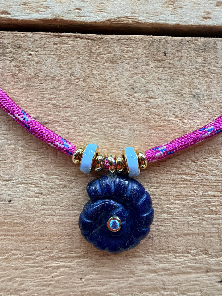 Blue Lapis Shell and Pink Cord Necklace