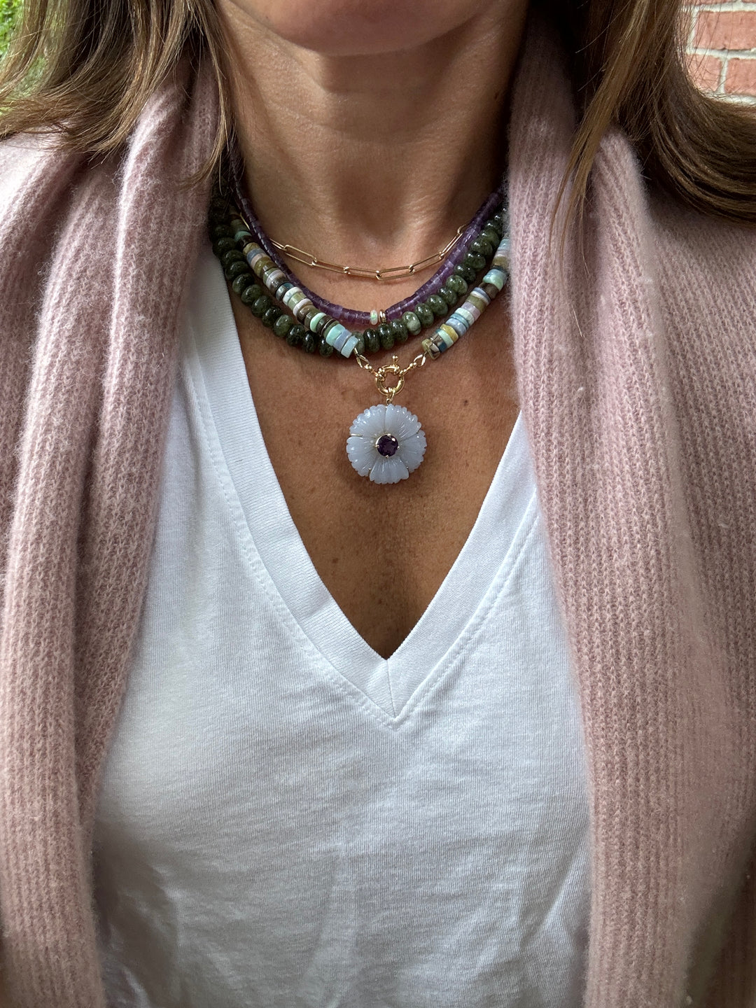 Chalcedony Flower Pendant with Amethyst