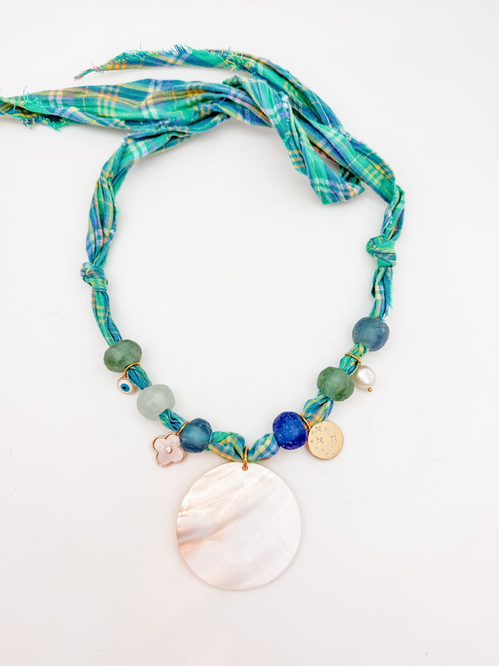 Green Tie Necklace with Mother of Pearl Shell