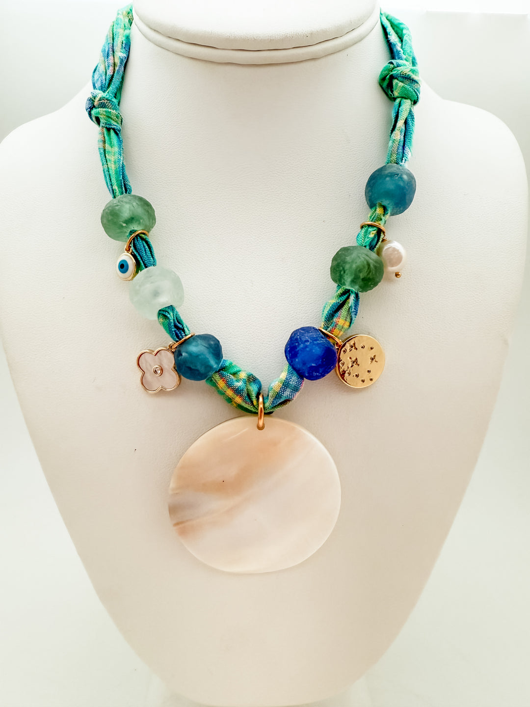 Green Tie Necklace with Mother of Pearl Shell