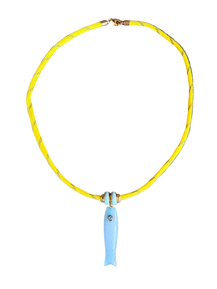 Yellow Cord with Blue Jade Fish Necklace