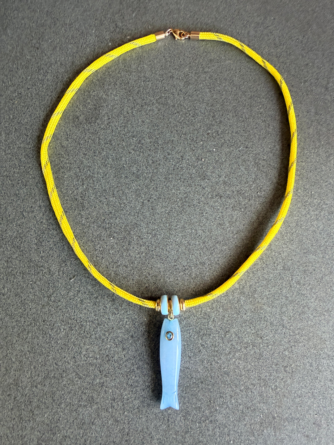 Yellow Cord with Blue Jade Fish Necklace