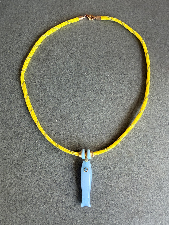 Yellow Cord with Blue Jade Fish Necklace