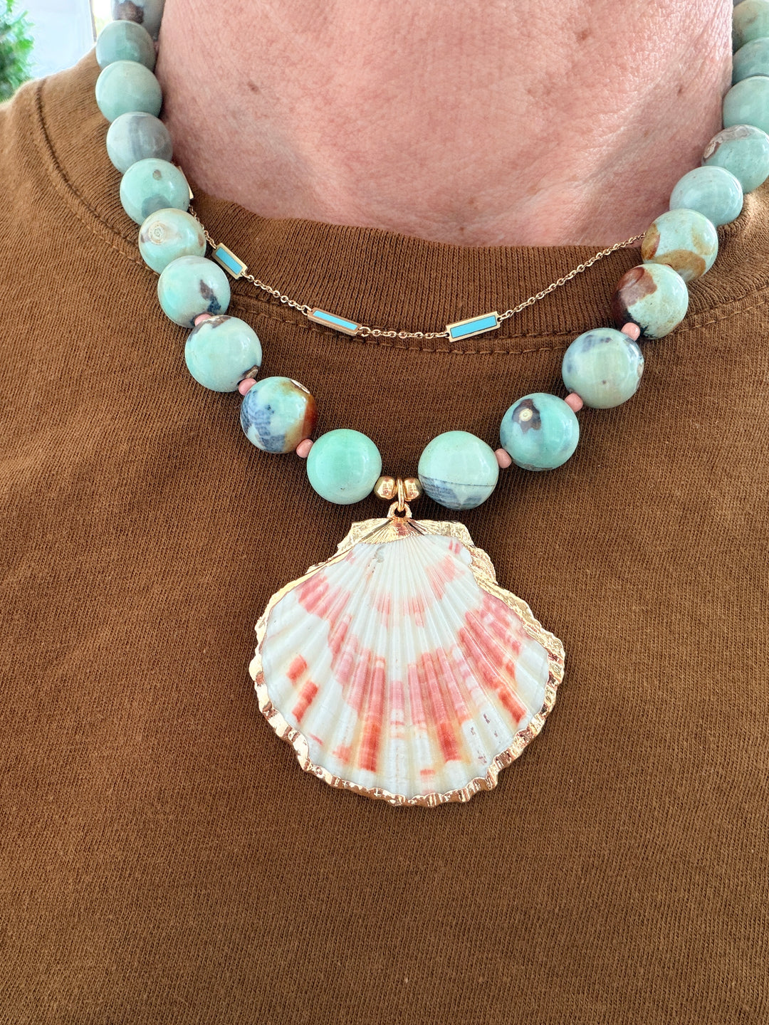 Sea Green Agate and Shell Necklace