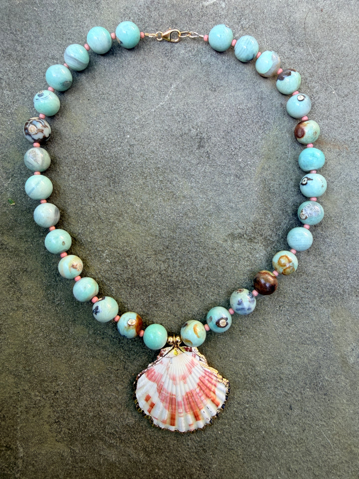 Sea Green Agate and Shell Necklace