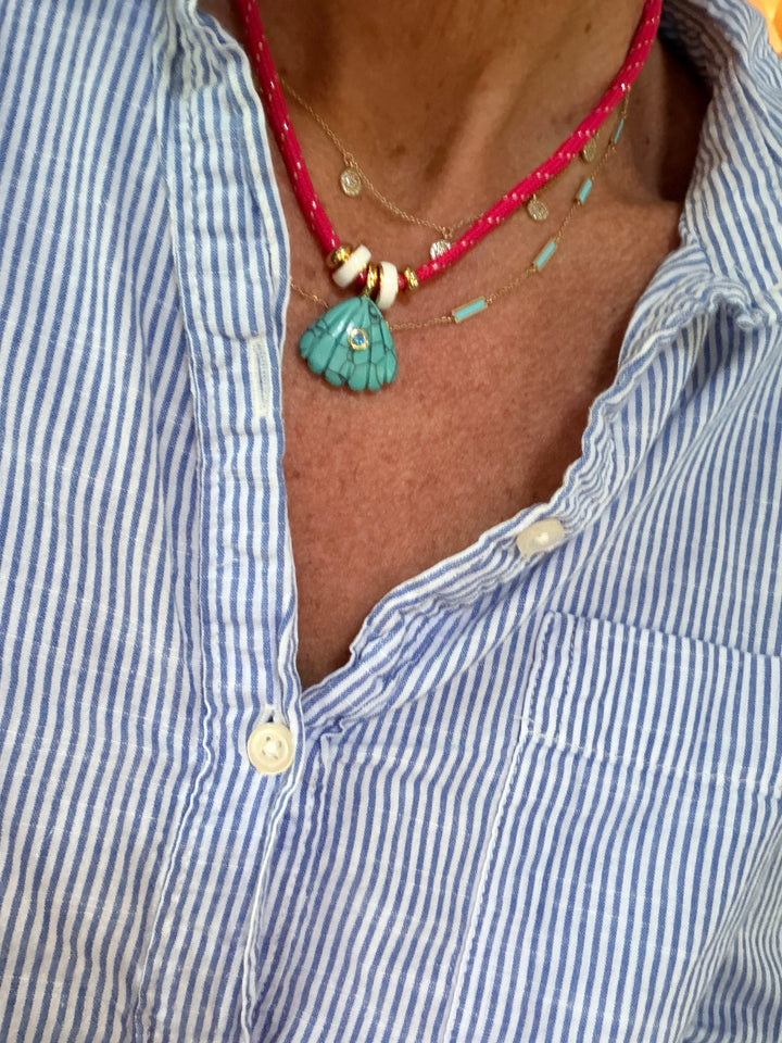Turquoise Howlite Shell Charm on Red Cord Necklace