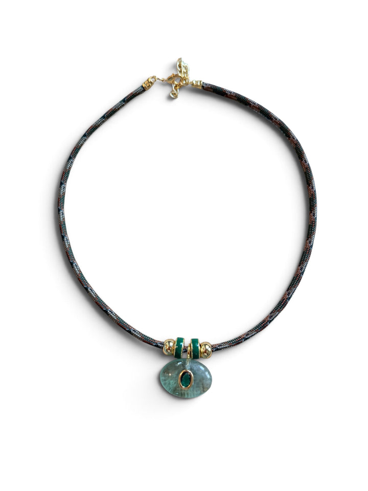 Green Quartz Oval Charm on Green Camo Cord Necklace