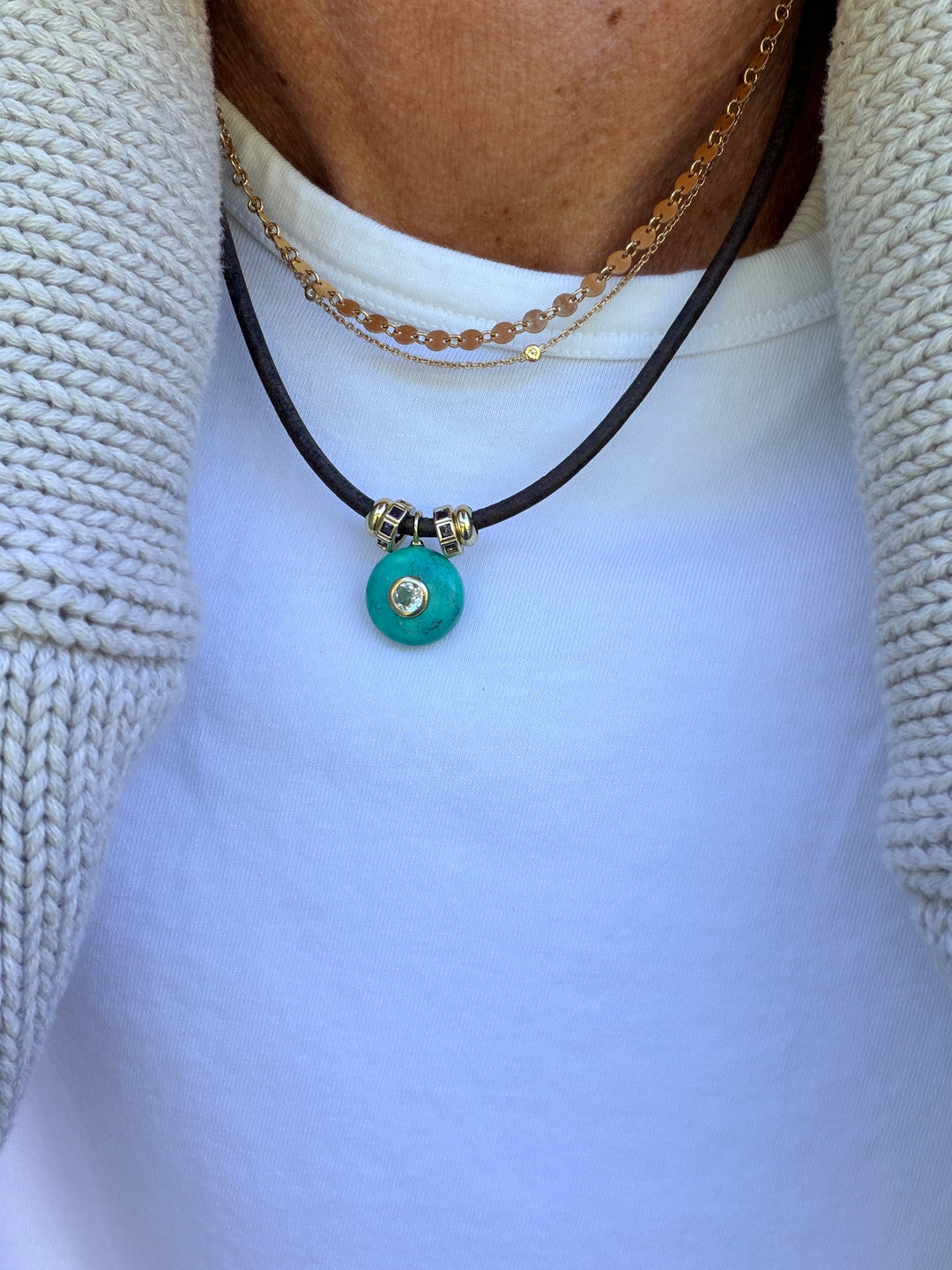 Turquoise Charm on Brown Leather Cord Necklace