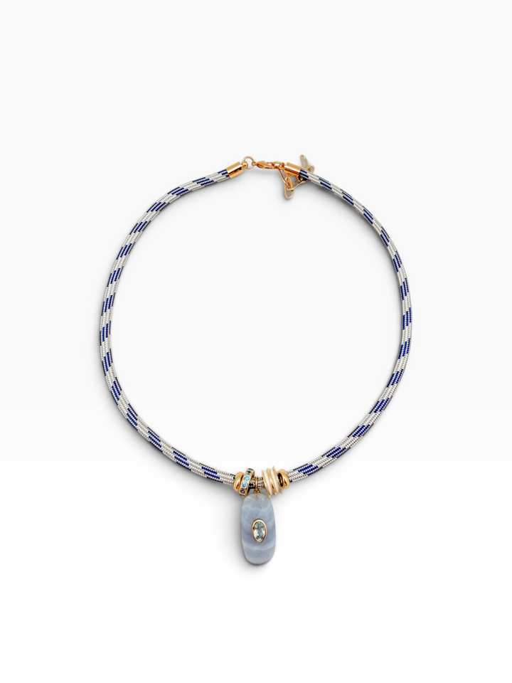 Blue Lace Agate Charm on Blue and White Cord Necklace