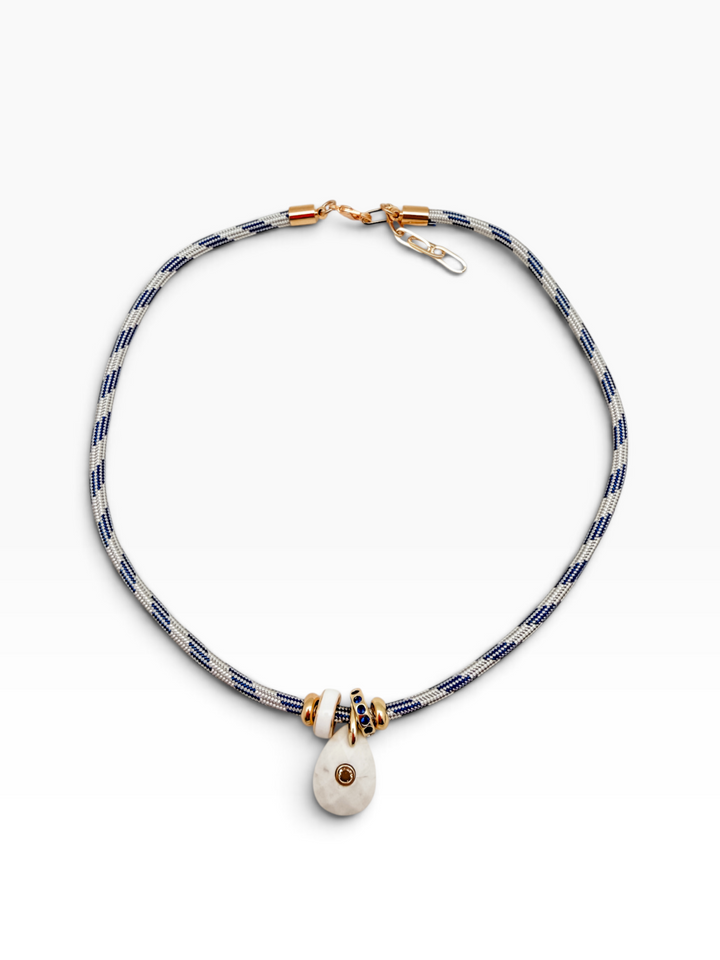 White Jasper Charm on Blue and White Cord Necklace