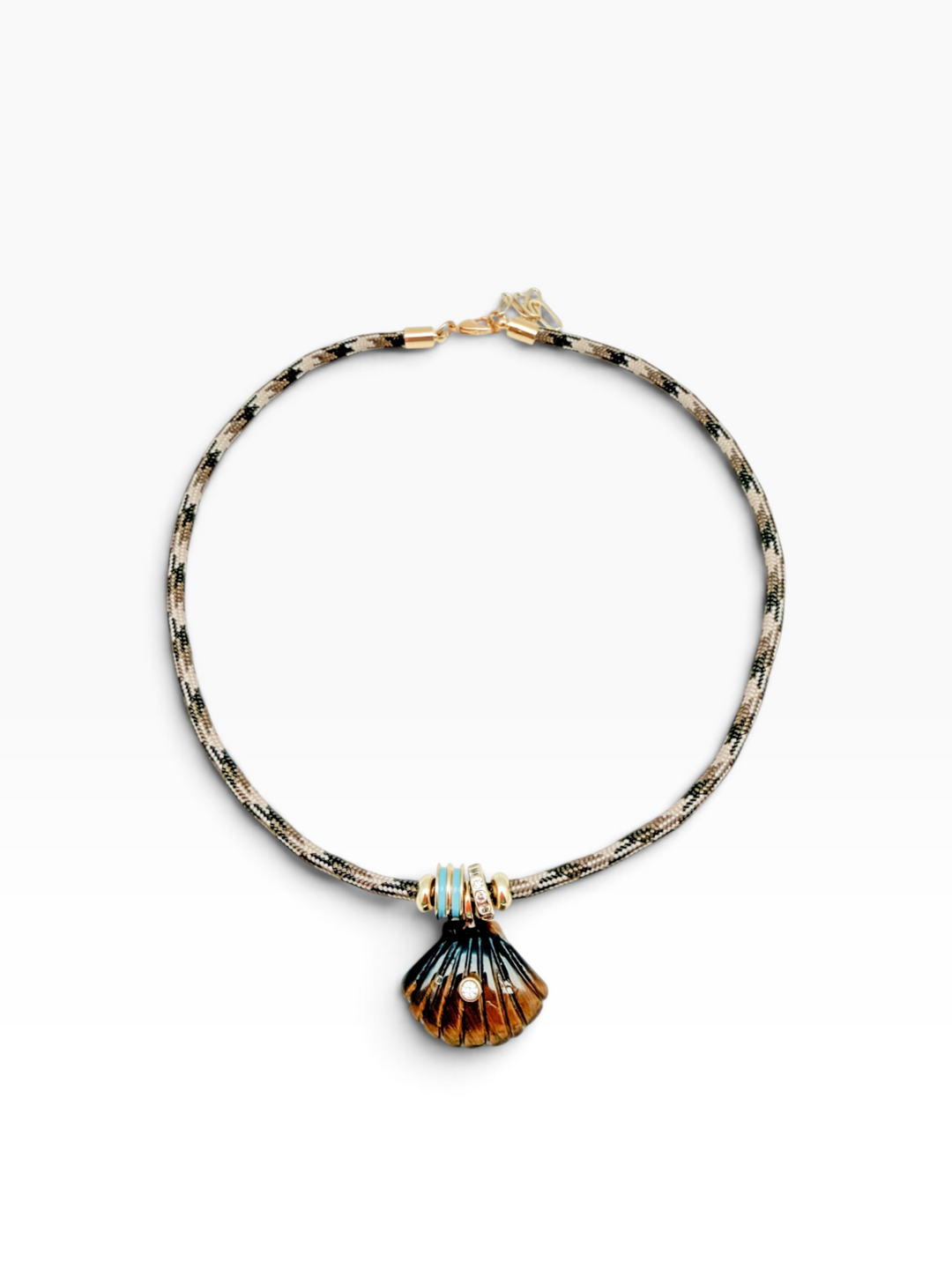 Tiger's Eye Shell Charm on Brown and Khaki Cord Necklace