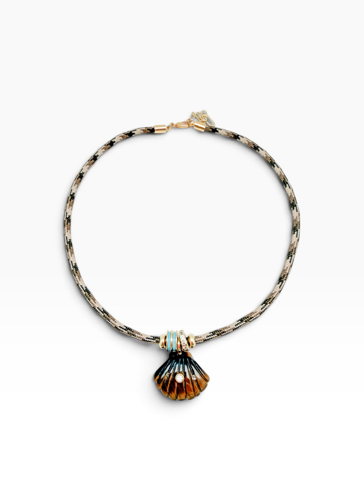 Tiger's Eye Shell Charm on Brown and Khaki Cord Necklace