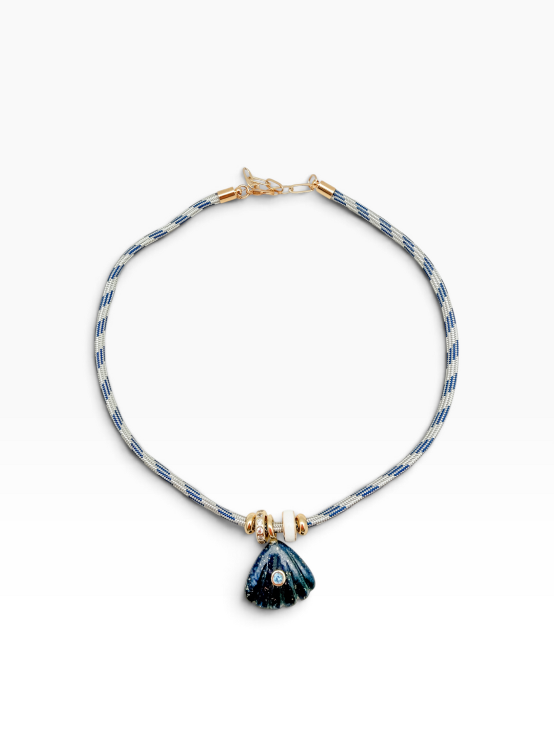 Lapis Shell Charm on blue and White Cord Necklace