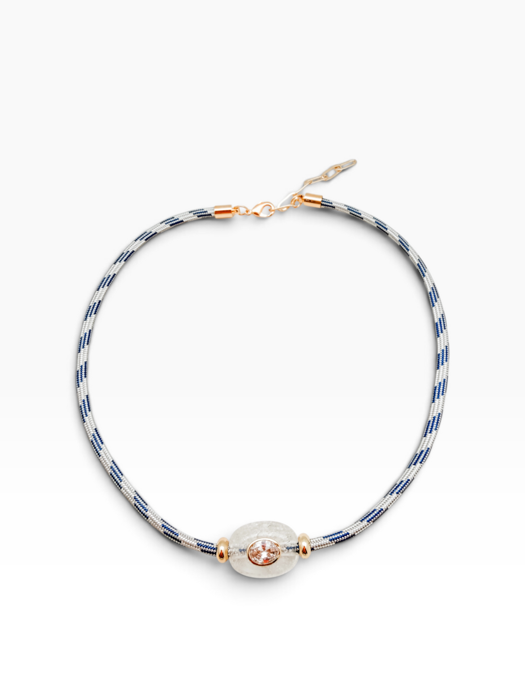 White Quartz Bead on Blue and White Cord Necklace