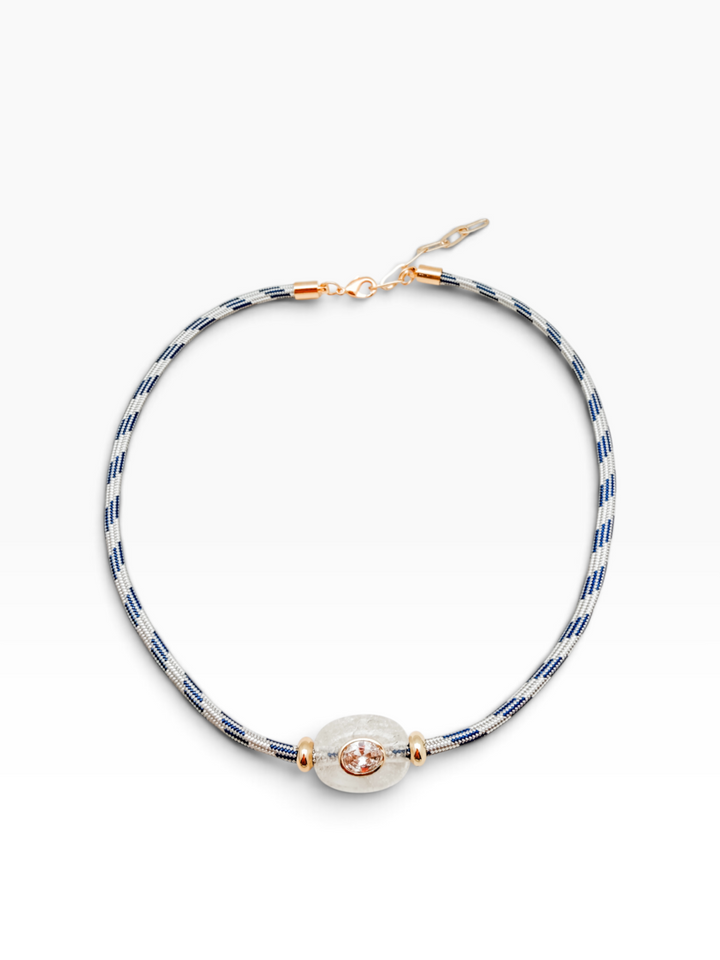 White Quartz Bead on Blue and White Cord Necklace