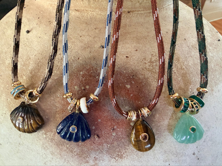 Tiger's Eye Shell Charm on Brown and Khaki Cord Necklace