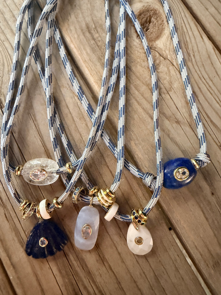 Blue Lace Agate Charm on Blue and White Cord Necklace