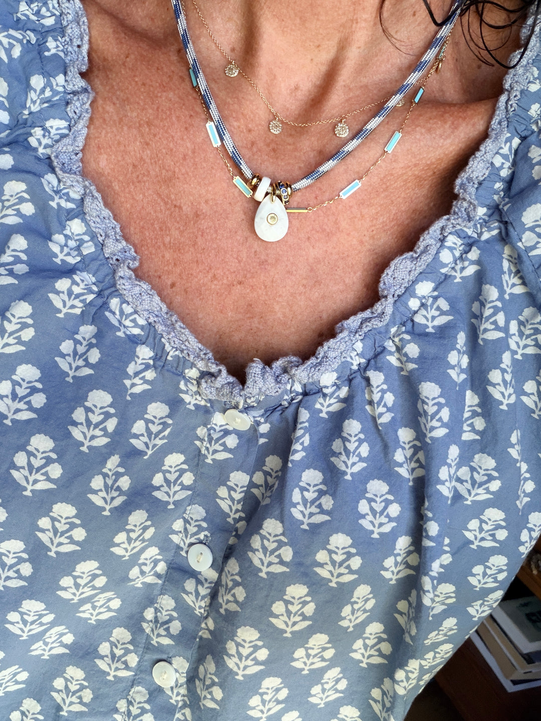 White Jasper Charm on Blue and White Cord Necklace