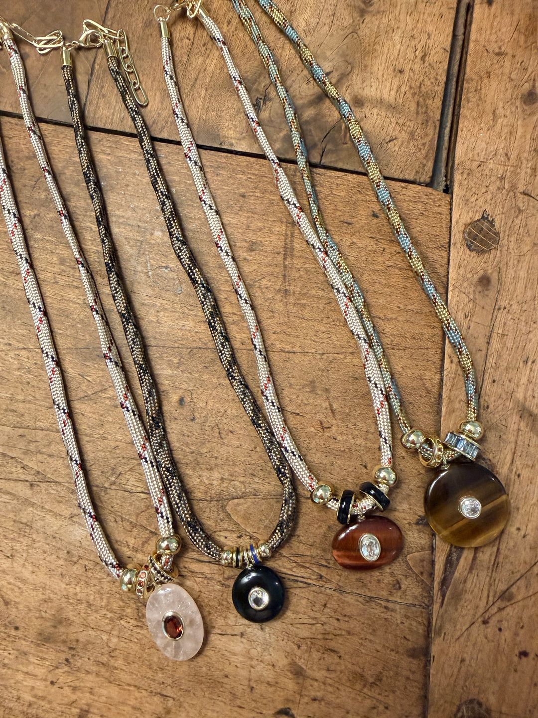 Tiger's Eye Pendant on Blue and Tan Cord Necklace