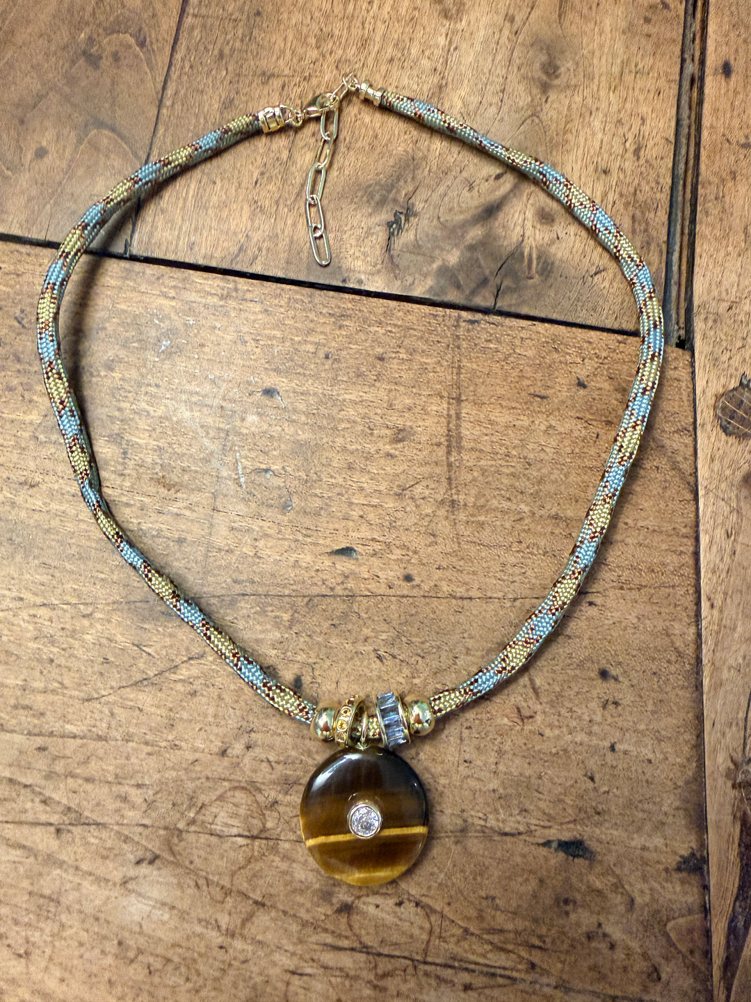 Tiger's Eye Pendant on Blue and Tan Cord Necklace