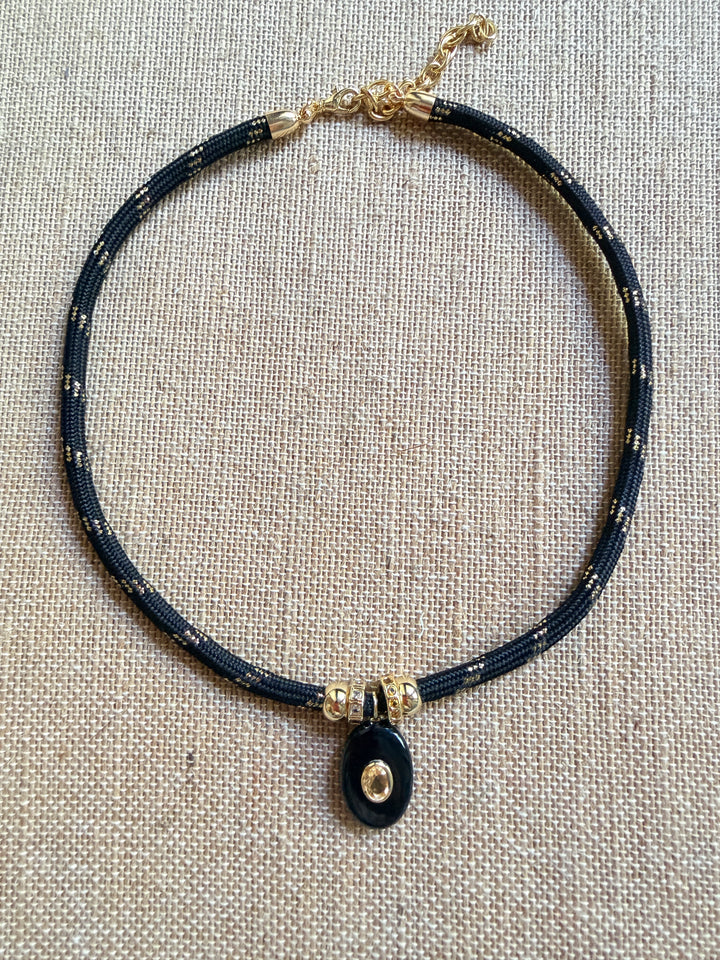 Black Onyx Oval Charm on Black and Gold Cord Necklace