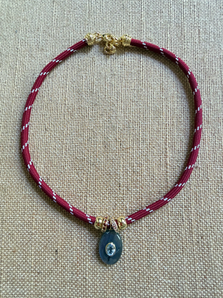 Large Labradorite Oval and Blue Topaz Charm on Burgundy Cord Necklace