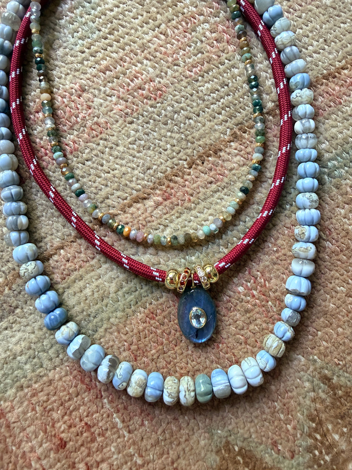 Large Labradorite Oval and Blue Topaz Charm on Burgundy Cord Necklace