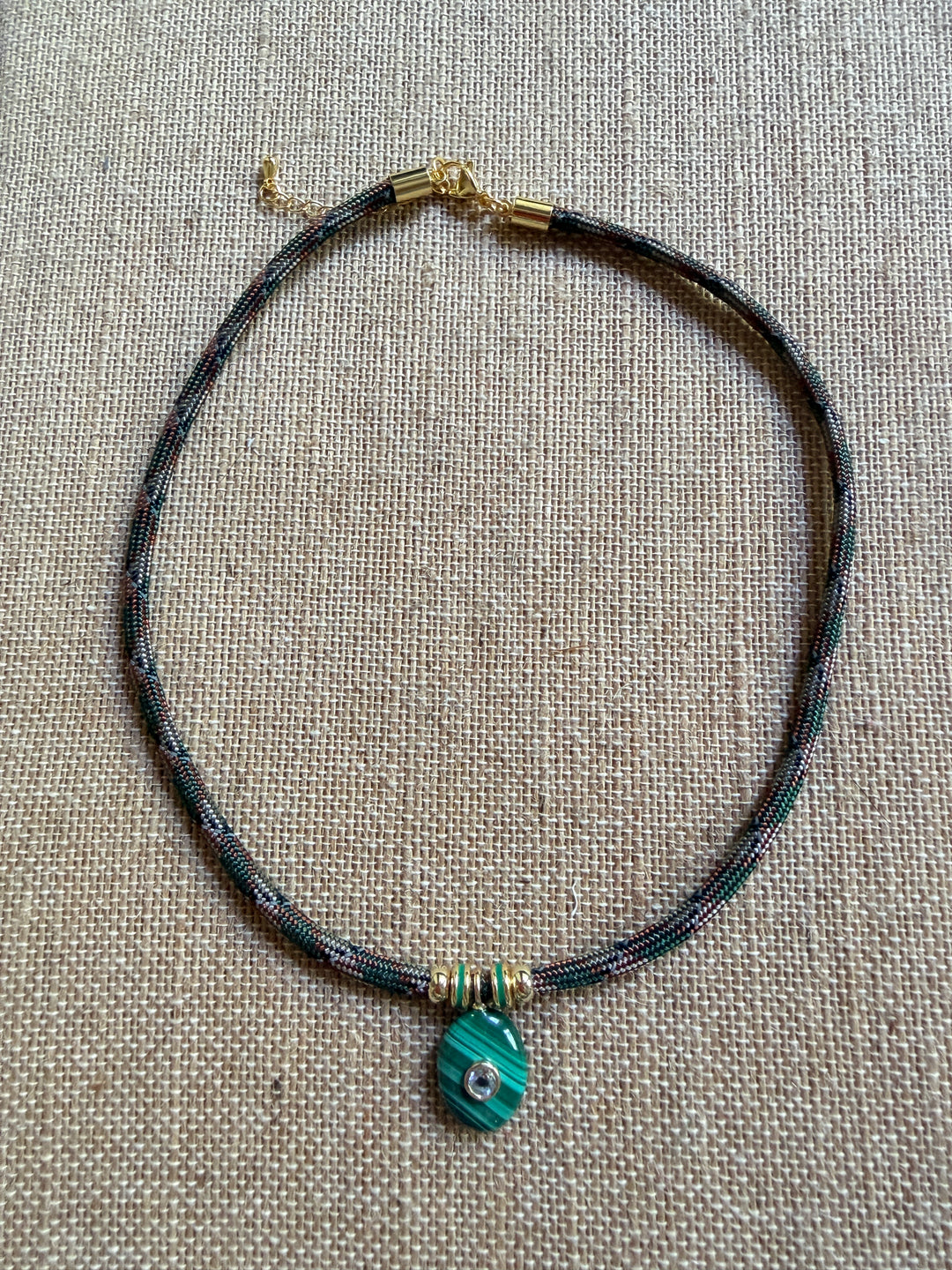 Malachite Charm on Green Camo Cord Necklace