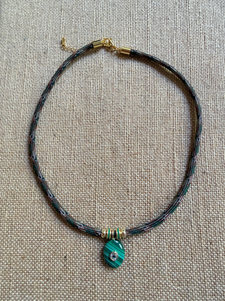 Malachite Charm on Green Camo Cord Necklace