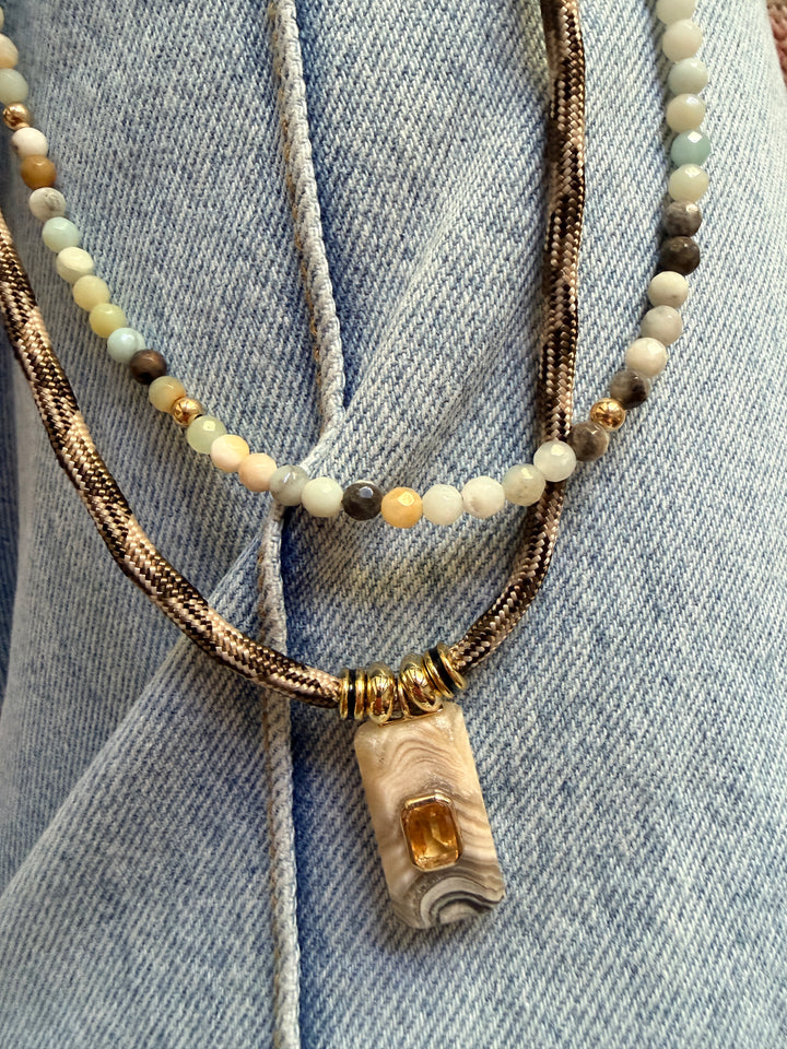 Calcite and Citrine Charm on Brown Camo Cord Necklace