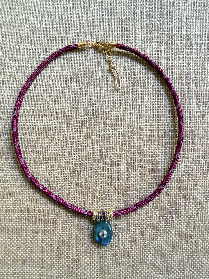 Medium Labradorite Oval Charm on Burgundy Cord