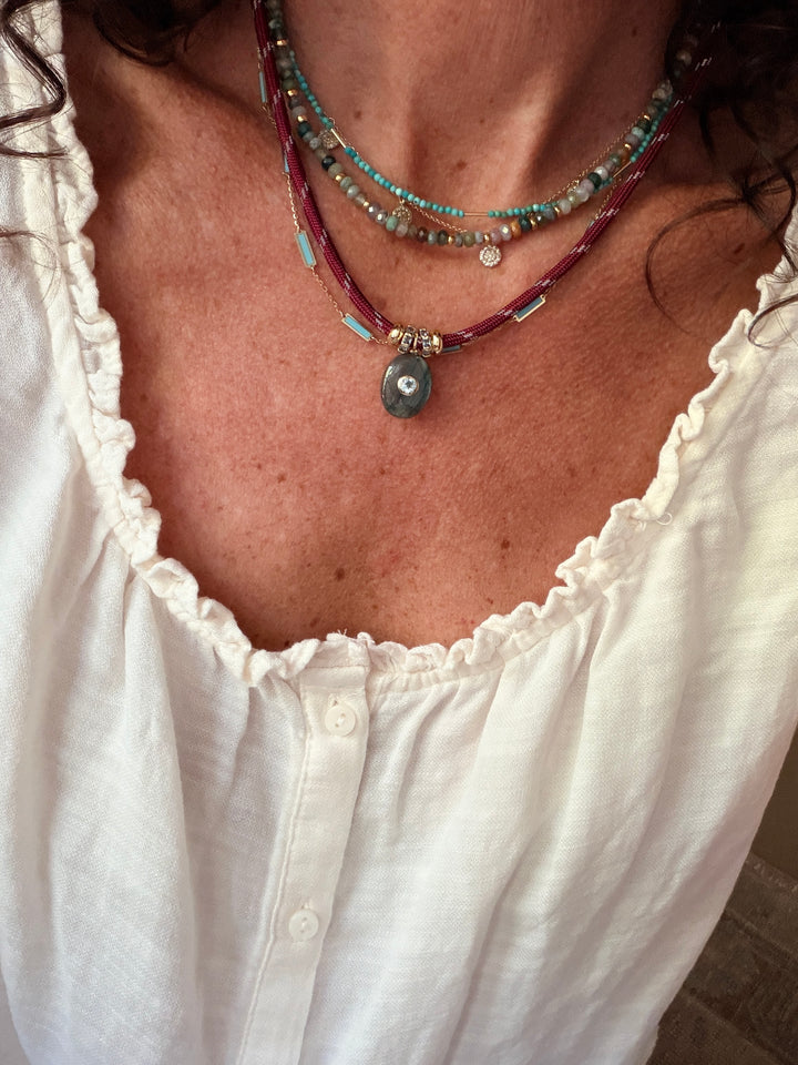Medium Labradorite Oval Charm on Burgundy Cord