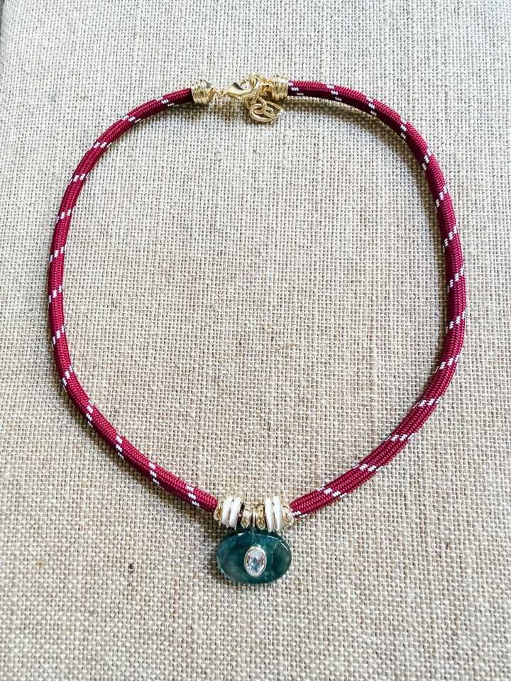 Labradorite Oval Charm on Burgundy Cord Necklace