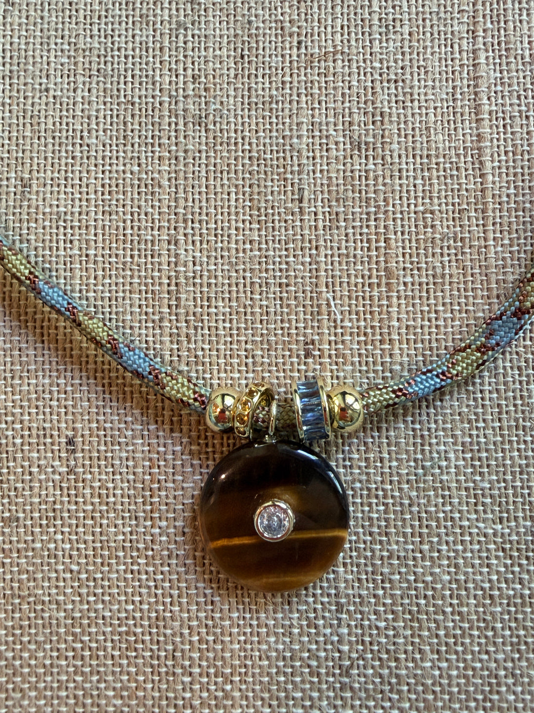 Tiger's Eye Pendant on Blue and Tan Cord Necklace