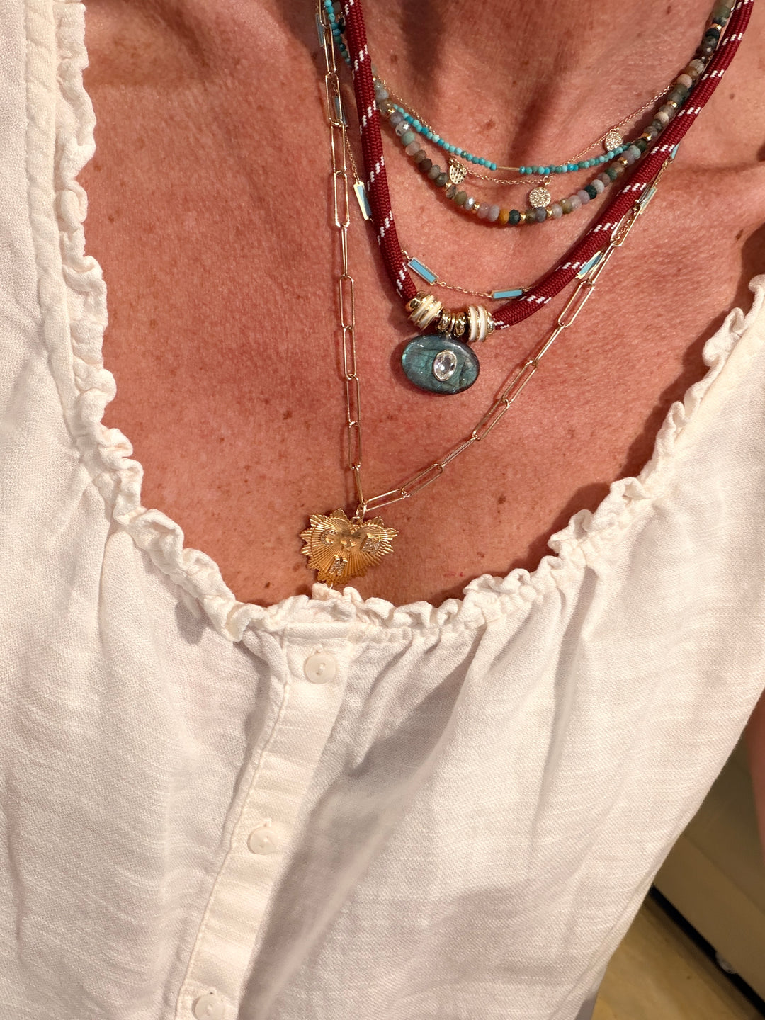 Labradorite Oval Charm on Burgundy Cord Necklace