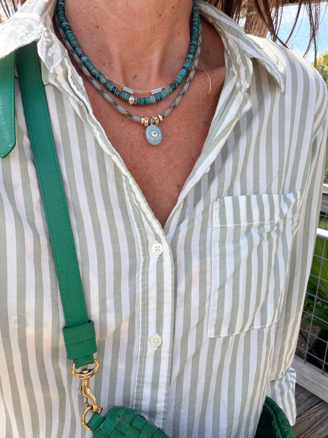 Labradorite Oval Charm on Light Blue and Blue Cord Necklace