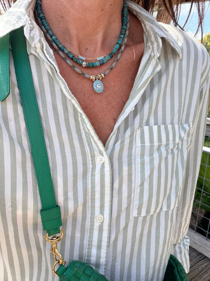 Labradorite Oval Charm on Light Blue and Blue Cord Necklace