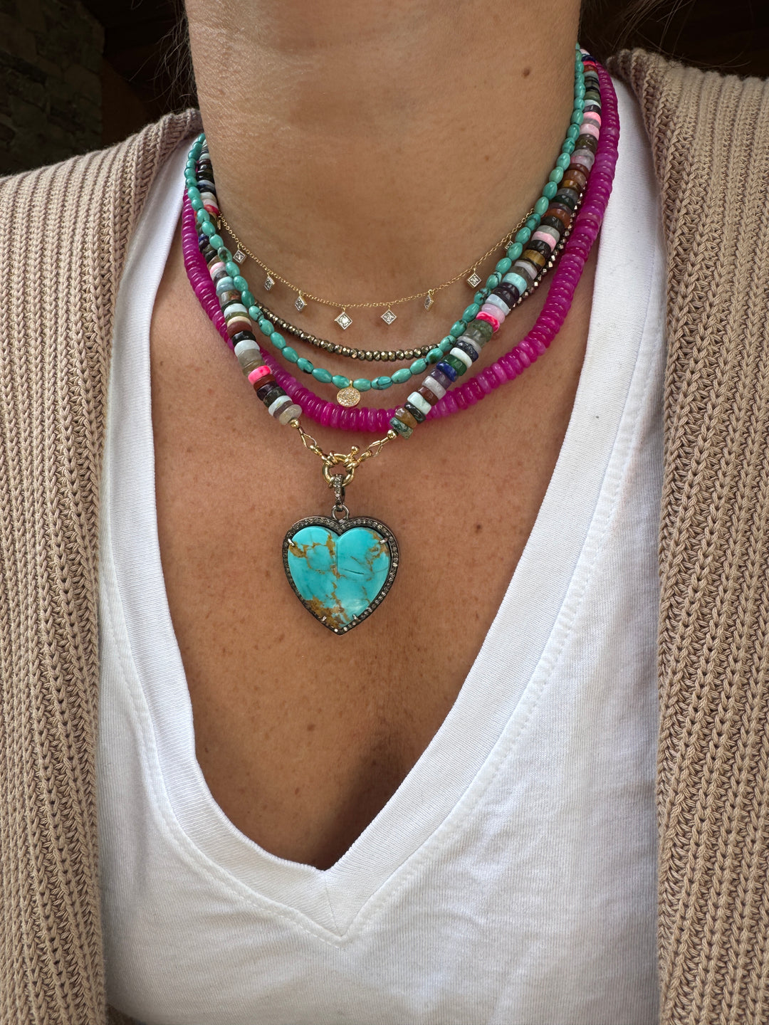 Turquoise Necklace with Gold and Diamond Coin Charm
