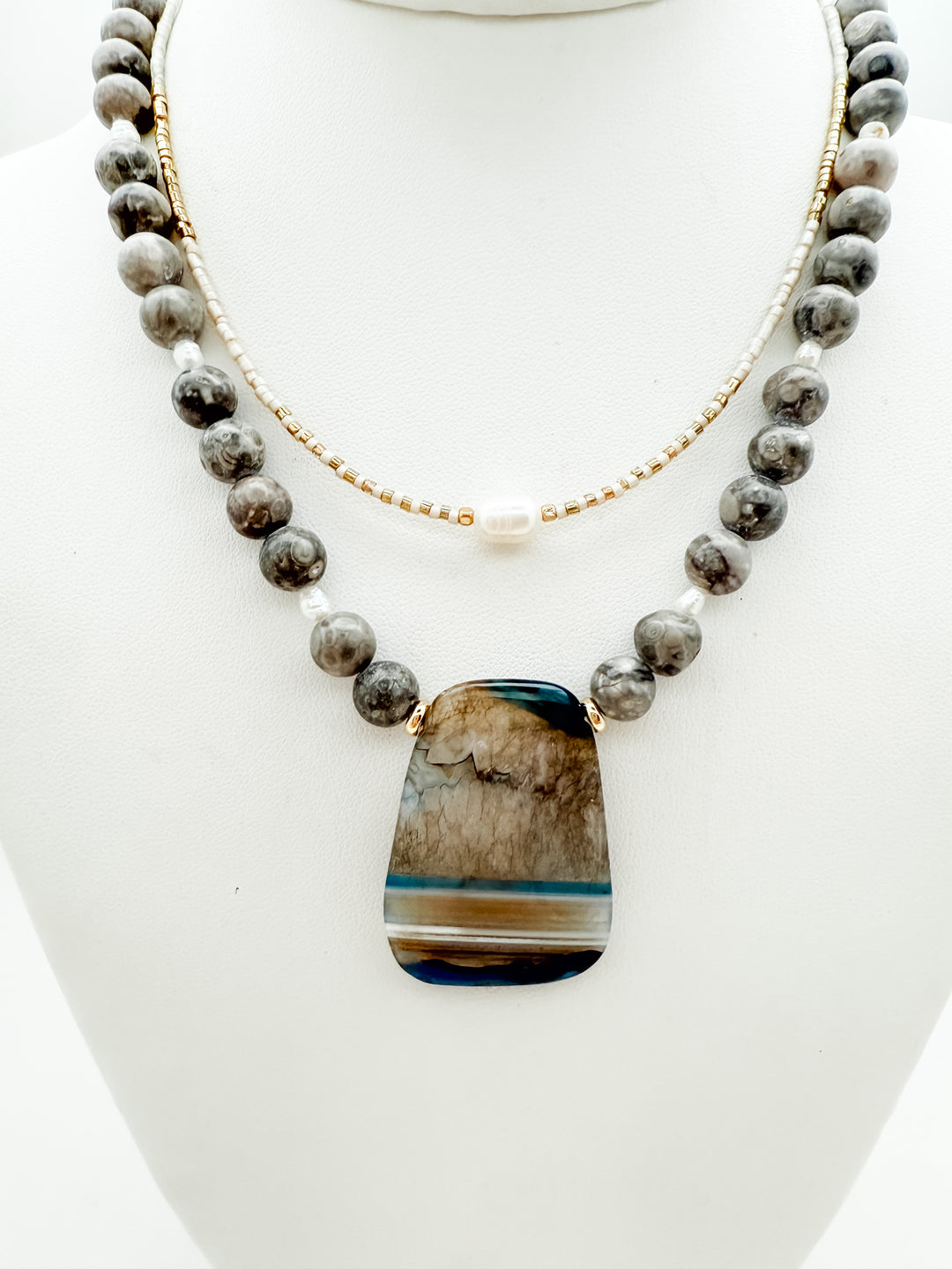 Gray Jasper and Agate Pendant Necklace