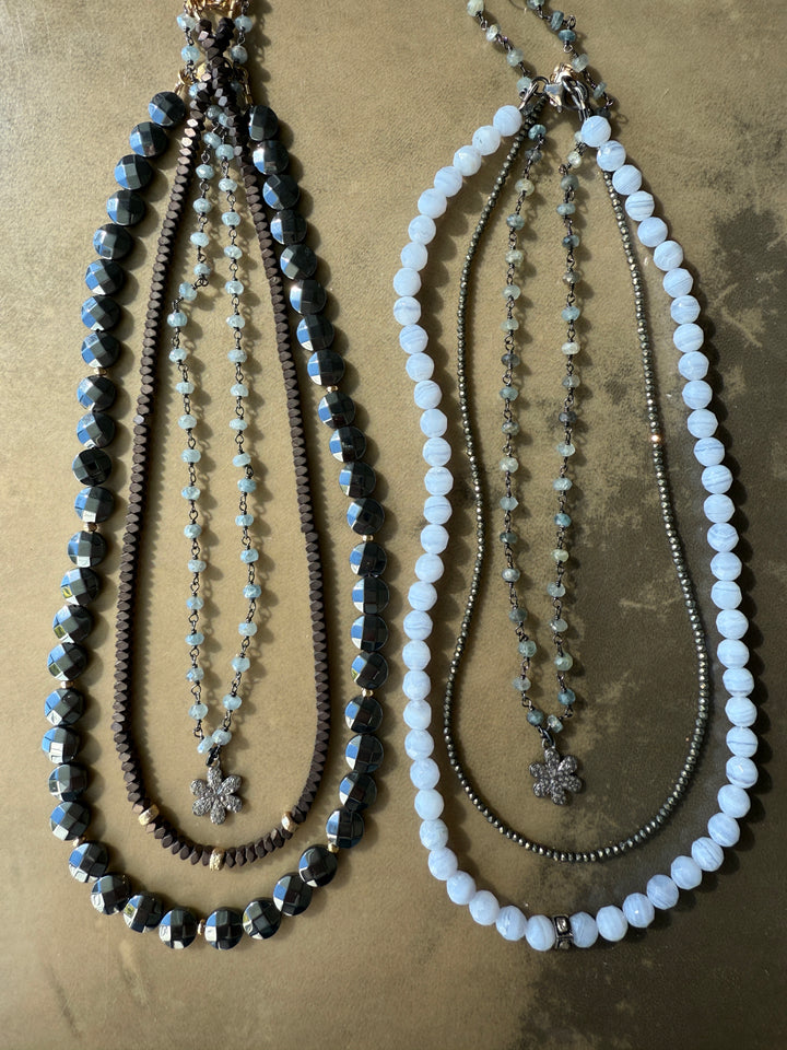 Pave Diamond Flower and Aquamarine Chain Necklace