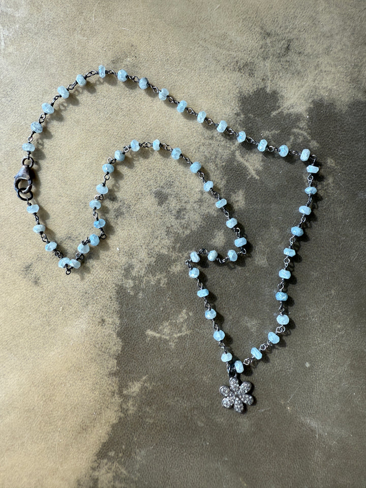 Pave Diamond Flower and Aquamarine Chain Necklace