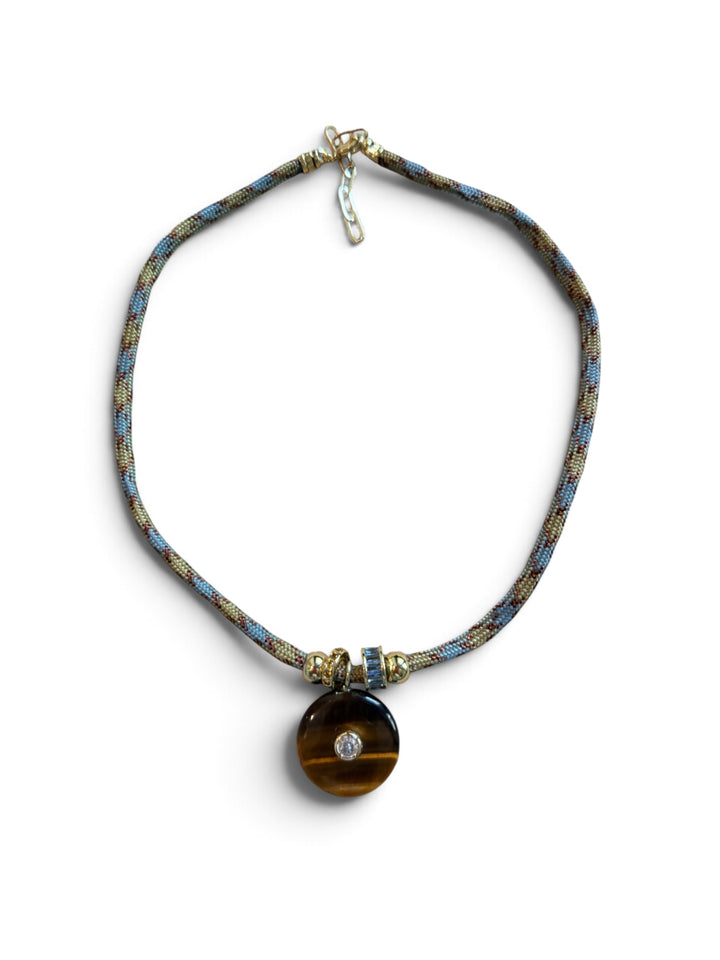 Tiger's Eye Pendant on Blue and Tan Cord Necklace