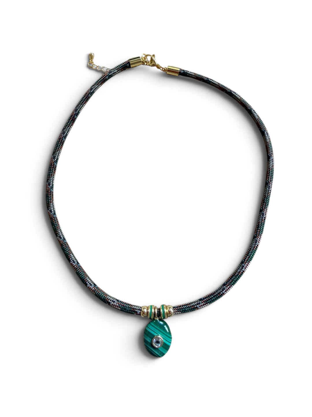 Malachite Charm on Green Camo Cord Necklace