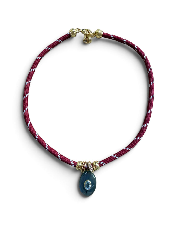 Large Labradorite Oval and Blue Topaz Charm on Burgundy Cord Necklace