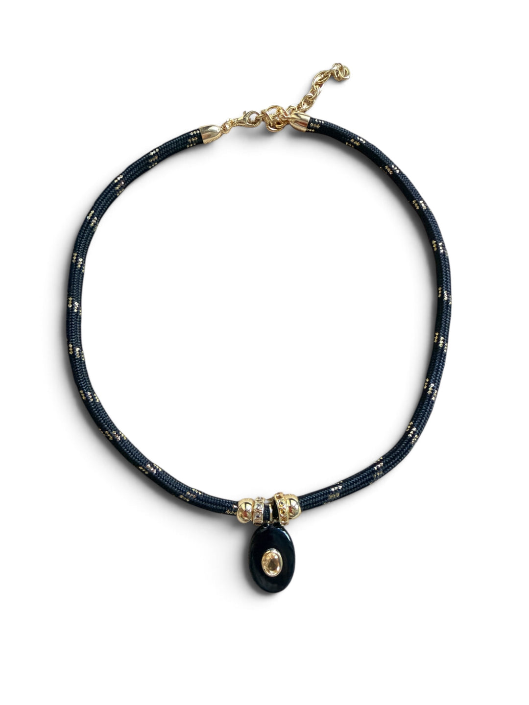 Black Onyx Oval Charm on Black and Gold Cord Necklace