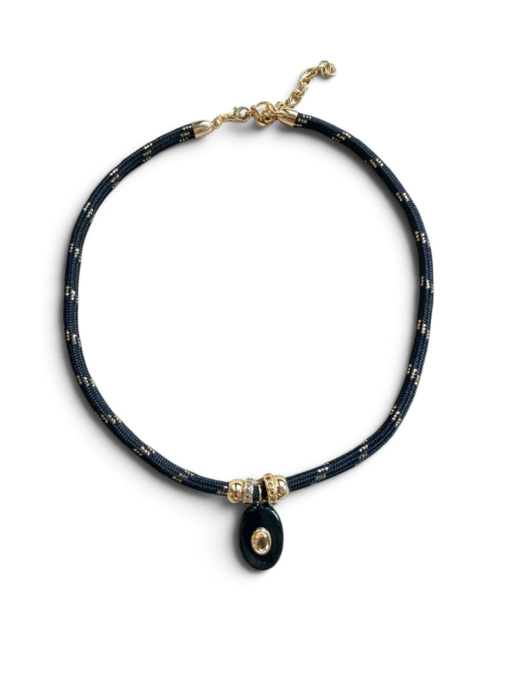 Black Onyx Oval Charm on Black and Gold Cord Necklace