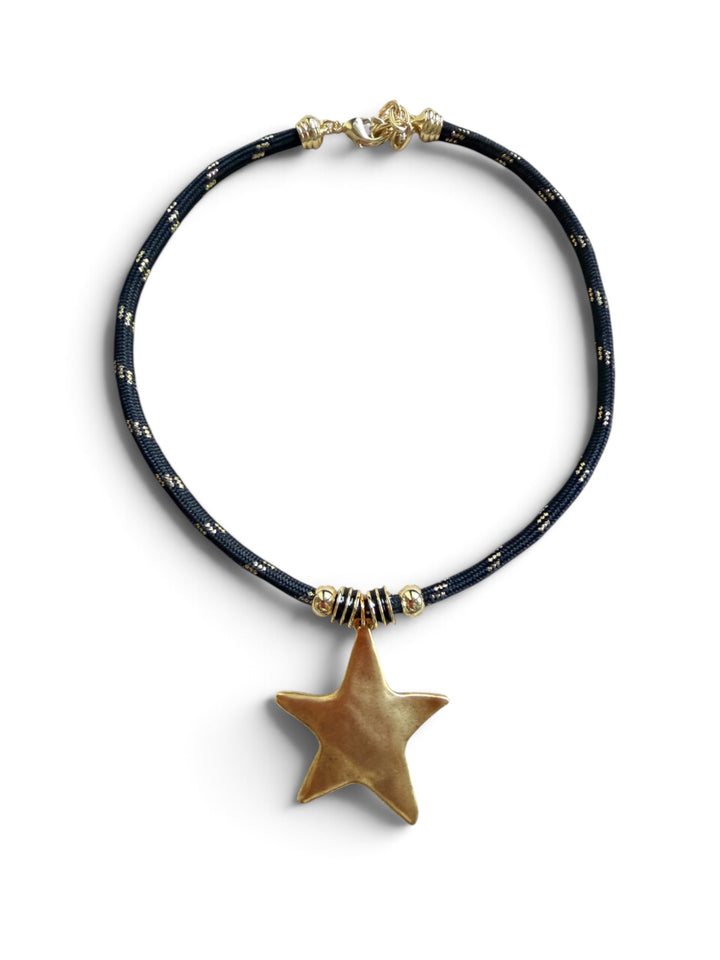 Gold Star Pendant on Black and Gold Cord Necklace