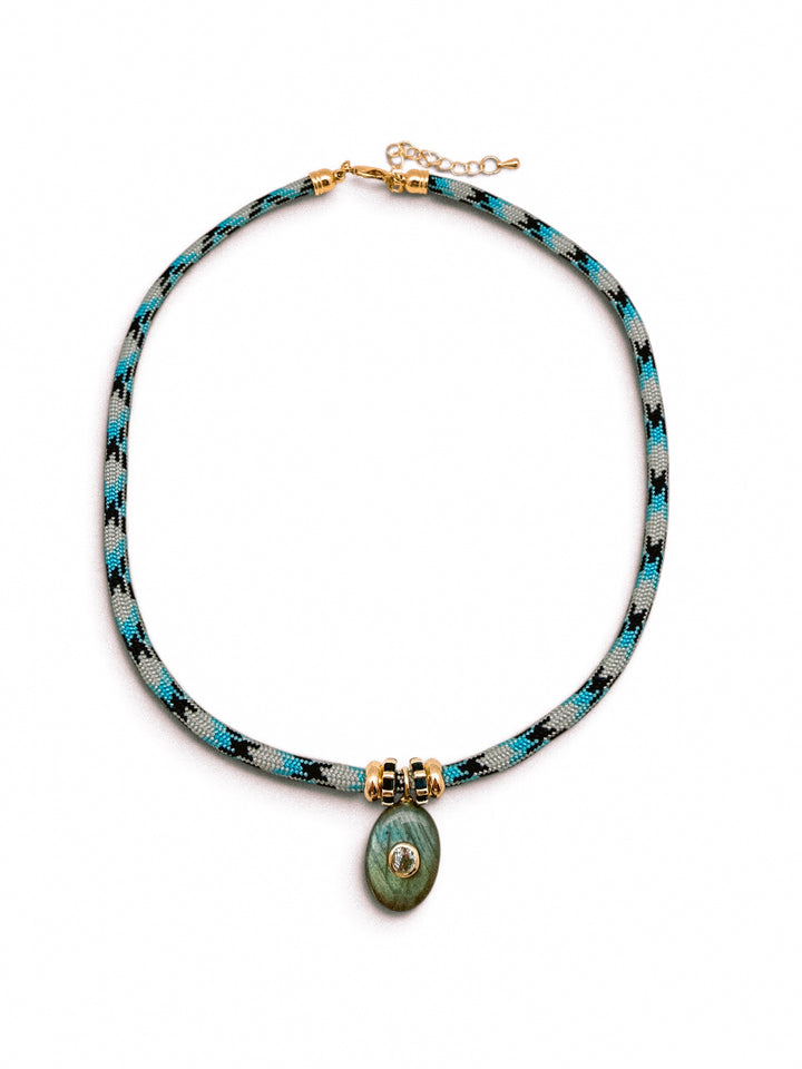 Labradorite Oval Charm on Light Blue and Blue Cord Necklace