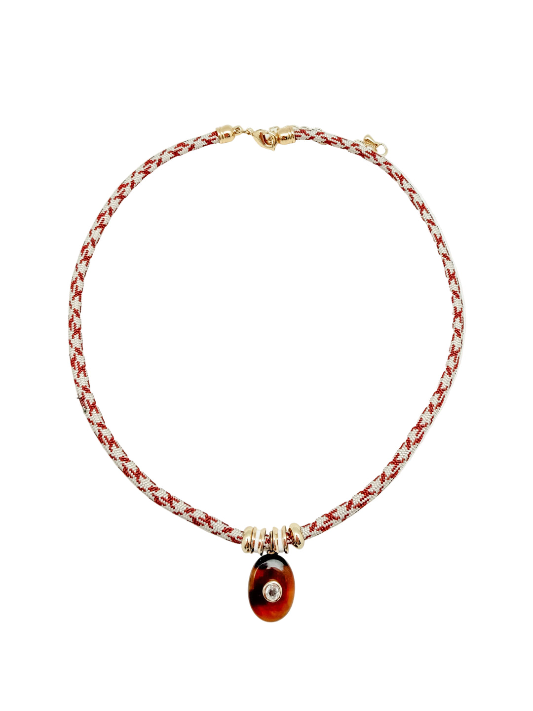 Red Tiger's Eye Charm on White and Brown Cord Necklace