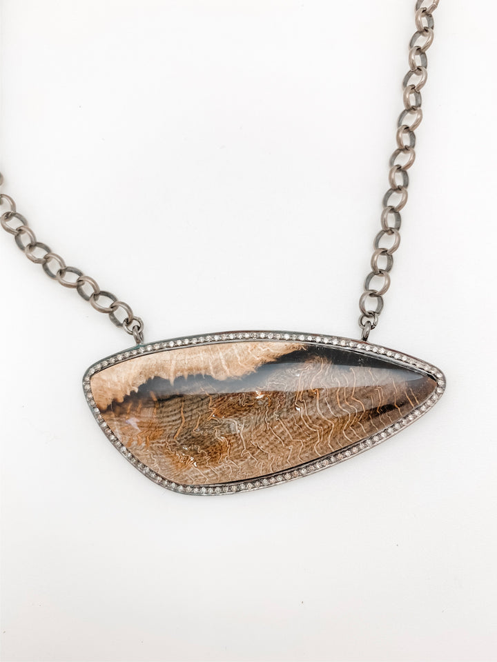 Petrified Wood Stone Pendant with Pave Diamonds on sterling silver chain